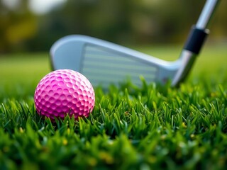 Pink golf ball on lush green grass, club blurred behind, perfection, background