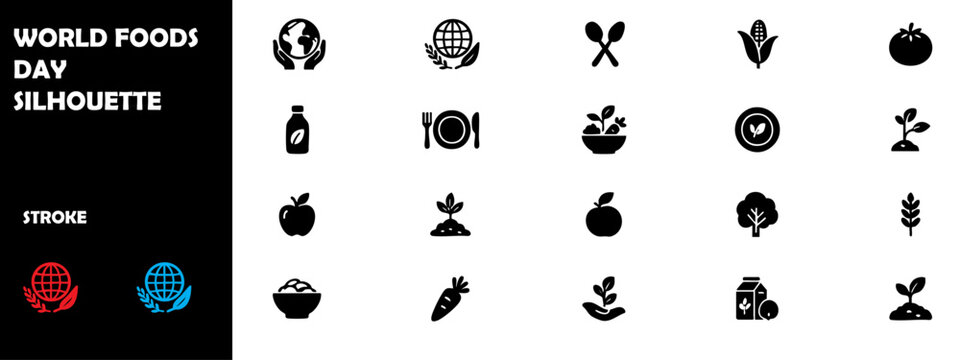 World Food Day Silhouette Icon Set – Global Food Awareness, Hunger Relief & Healthy Eating Vector