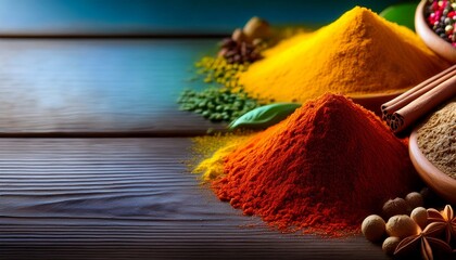 a close up of various vibrant spices from around the world on a wooden table copy space image place for adding text and design