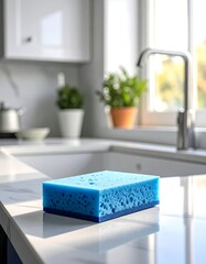 Close-up of a blue sponge on a white kitchen countertop