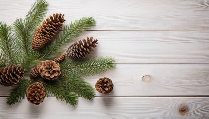 Christmas And New Year S Composition The Pine Cones Spruce Branches On A Wooden White Background