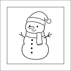Cute Snowman with Santa Hat and Scarf Coloring Page Vector