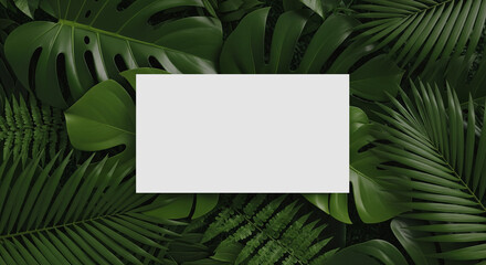 Blank white card placed on layered tropical leaves. The composition features lush green foliage forming a natural frame, suitable for branding mockups, product displays, and eco-themed design material