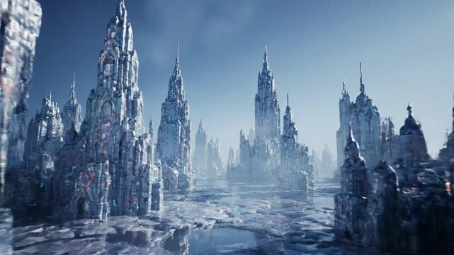 A stunning, detailed depiction of a crystalline, icy city with towering, sharp structures under a bright sky.