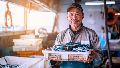 A man on a boat shows off a crate full of freshly caught sardines