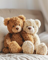 Obraz premium Two teddy bears sitting together hugging, warm cozy background, friendship and childhood theme.