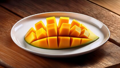 Close Up Of A Sliced Mango On A White Plate Sitting On A Wooden Surface