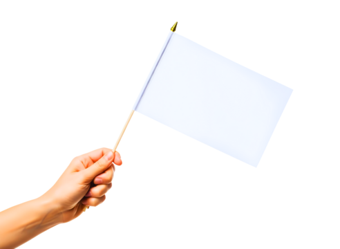 Hand holding a blank white flag isolated on transparent background - Powered by Adobe