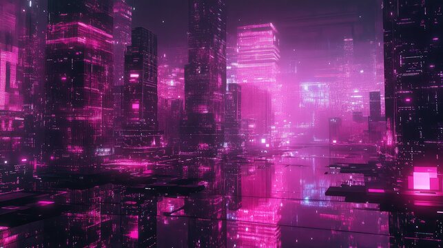 Cyberpunk city at night with glowing pink neon lights