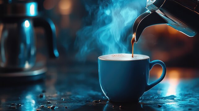 Hot dark coffee pouring into blue cup with steam