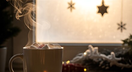 Steaming hot chocolate with marshmallows by a frosted window, festive star and snowflake decorations, warm light, winter holiday comfort.