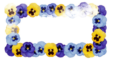 Vibrant watercolor pansy flower border frame featuring blue, purple, and yellow petals, ideal for elegant floral designs and beautiful invitations on a white background