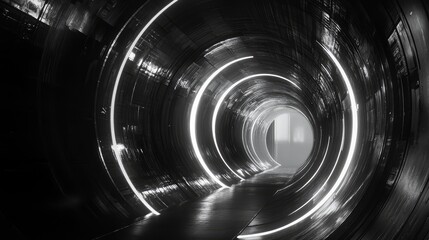 Futuristic dark tunnel with glowing light rings leading
