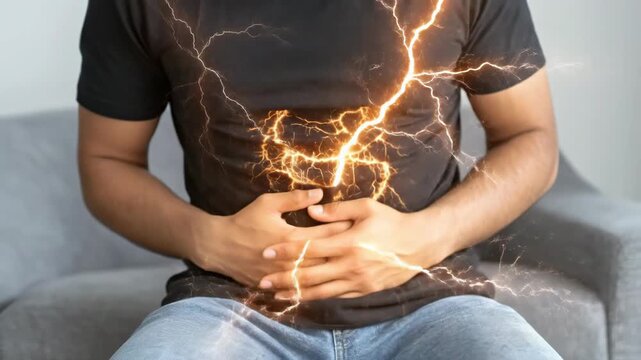 Man chest strain: torso clutch, stomach ache, intestine tension, cardiac throb, emotion hurt, body signal, organ distress, muscle spasm, pulse shift, nerve flare, inner warning, pain concept,