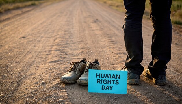 A person stands on a dirt road next to a sign for Human Rights Day, emphasizing advocacy and awareness.