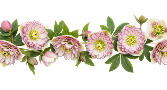 Elegant double bloom hellebore flowers with green leaves, a beautiful floral border on a white background, perfect for spring