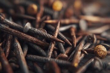 A pile of old rusted nails and screws densely packed together, highlighting rough textures and metallic decay.