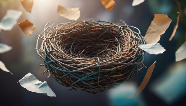 An empty bird's nest is surrounded by floating leaves and debris in a natural setting.