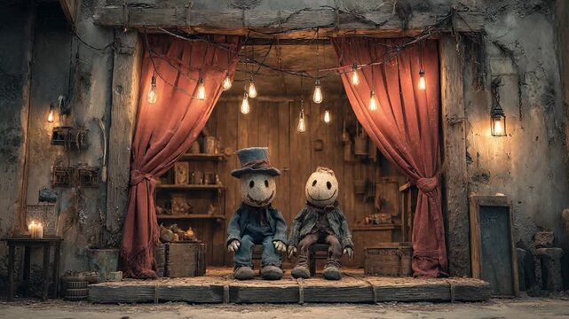 Two puppets sitting in a cozy workshop setting