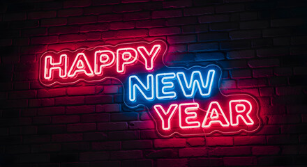 Obraz premium Neon Sign in Glowing Pink and Blue Lights, Dark Brick Wall Background