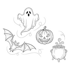 Spooky Halloween line art illustration featuring ghost, pumpkin, bat, and cauldron representing holiday symbols, mystery, fun, and festive fright