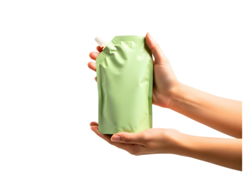Hands holding a green pouch isolated on transparent background