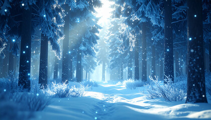Magical Snowy Forest with Glowing Orbs