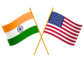 Indian and us flags crossed isolated on transparent background