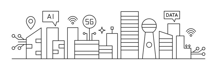 Futuristic Cityscape Innovation Town Outline Illustration. Smart Artificial Intelligence Concept. Tech Future City Downtown Cyber AI Network Big Data Technology Horizontal Building 5G Tower Vector