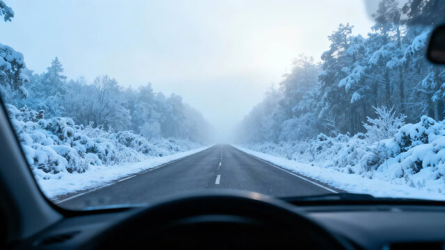 Driving a car on a snow-covered road through a foggy winter forest with evergreen trees, captured from the driver's perspective.DESCRIPTION: Experience the serene yet cautious journey through a snow-l