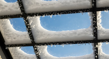 Snow-covered roof with blue sky peeking through white snow  
