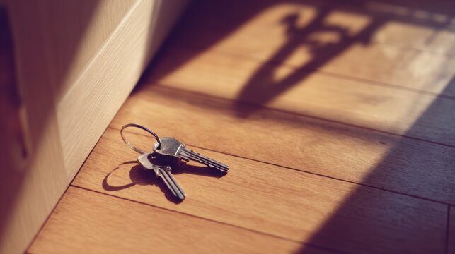 Shiny metal house keys on a wooden surface, symbolizing property transfer in warm light. pitch deck slides.
