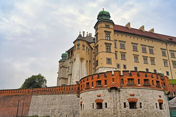 Wawel Castle bastion walls and old buildings in Krakow, Poland