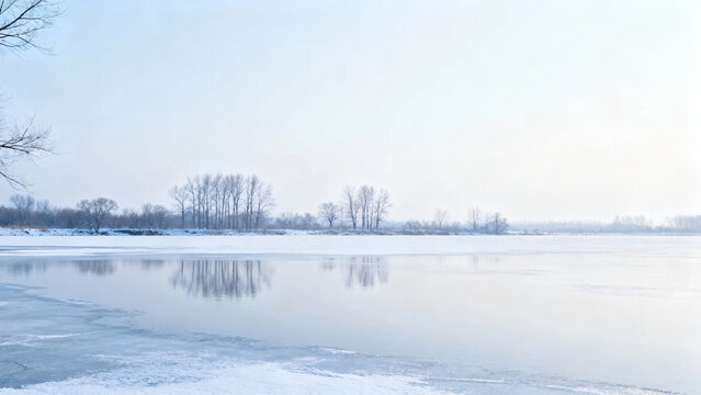 Serene winter landscape with bare trees reflecting in a partially frozen tranquil lake under a pale blue sky, evoking calm and stillness.