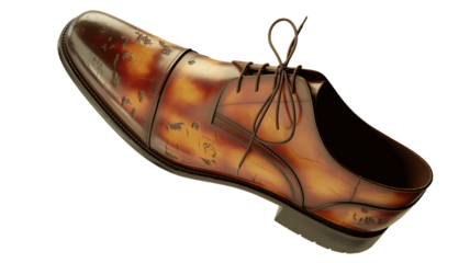 Elegant brown leather oxford dress shoe with intricate detailing isolated on transparent background