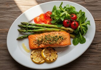 A oval plate holds a cooked salmon fillet with herbs and breadcrumbs alongside grilled asparagus cherry tomatoes and lemon slices a wooden table