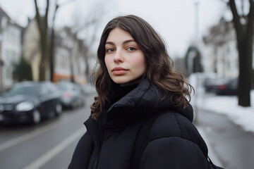 Fototapeta premium Attractive woman in puffer jacket stands on street in winter atmosphere