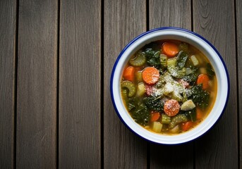 Bowl of hearty vegetable soup with carrots celery and greens sprinkled with cheese rustic wooden table