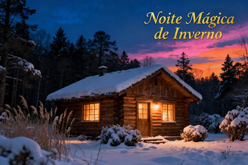 Magical winter night scene with a rustic log cabin covered in snow, glowing warm window lights, under a star-filled blue and pink sunset sky, surrounded by a serene snowy forest.