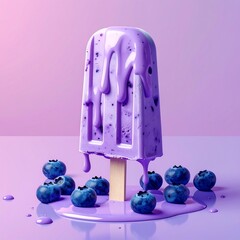 Close-up of a blueberry popsicle melting with scattered fresh berries
