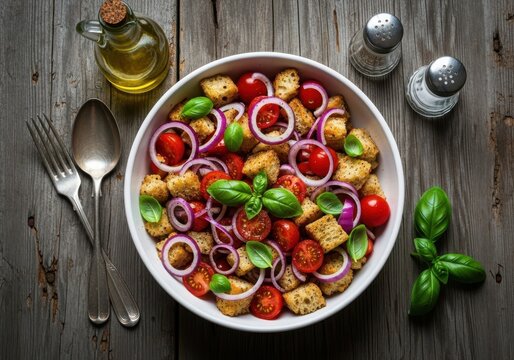Bowl of panzanella salad with cherry tomatoes red onion and basil rustic wooden table with olive oil and salt pepper shakers