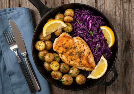 Cast iron skillet meal with roasted chicken breast baby potatoes and shredded red cabbage garnished with lemon slices and herbs a rustic wooden table with blue napkin and cutlery