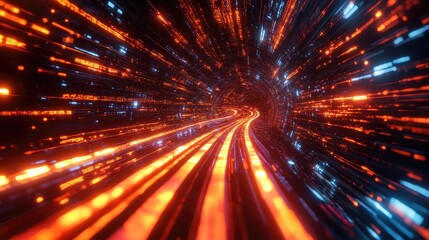 Obraz premium Optical fiber tunnel transmitting digital data stream