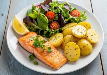 Cooked salmon fillet with herb seasoned potatoes and fresh green salad with cherry tomatoes and lemon wedge plate