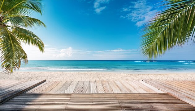 a tranquil beach scene on a sunny day with palm trees and a wooden walkway ideal for a horizontal banner with copy space image