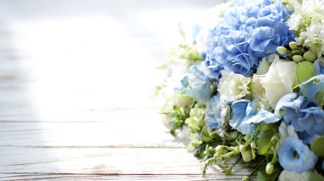 Blue floral centerpiece displayed against a textured white wooden backdrop, highlighting elegant botanical design.