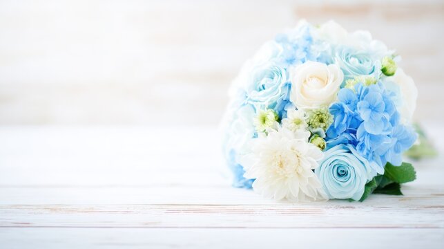 An elegant blue floral arrangement against a white wooden textured background. gardening catalogs, home-decor guides, designed for gardening and botanical catalogs.