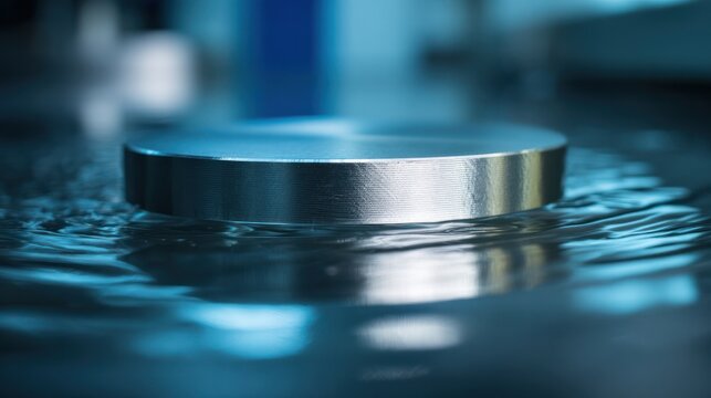 The polished metal parts are partially immersed in electroplating solution, causing silver reflection. Safety poster.