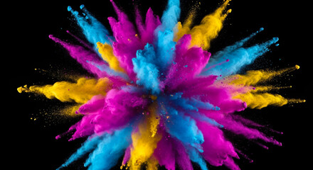 Vibrant Cyan Magenta Yellow Powder Explosion Against Black Background Dynamic Abstract Art