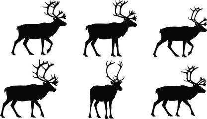 Set of six reindeer silhouettes in various poses, featuring black caribou walking and standing, perfect for Christmas or wildlife designs. © Bappi Creatives